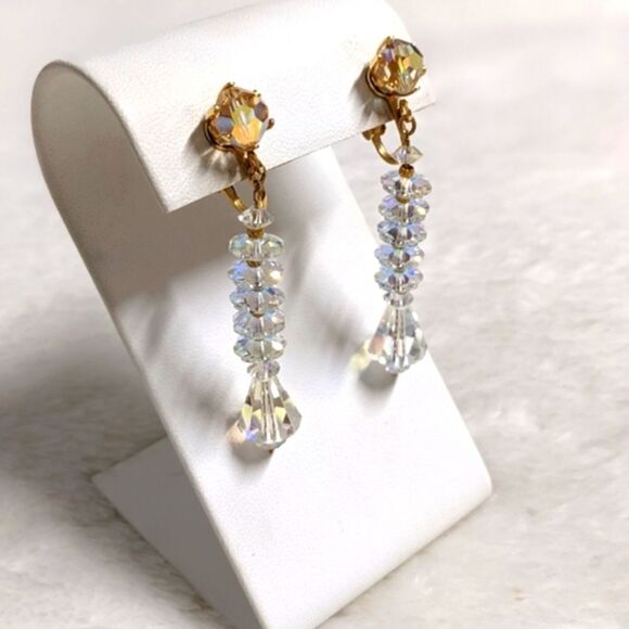 Vintage 60's Aurora Borealis Crystal Dangle Earrings - Picture 1 of 13
